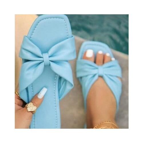 Womens Slippers 2021 Summer Bow Luxury Square Head Flat Heel Female plus size outdoor beach comfortable Sandals
