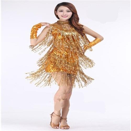 Free Shipping Latin Dance Costume Performance Wear Adult Tassel Sequins Clothing Customize Womens Latin Dance Dress