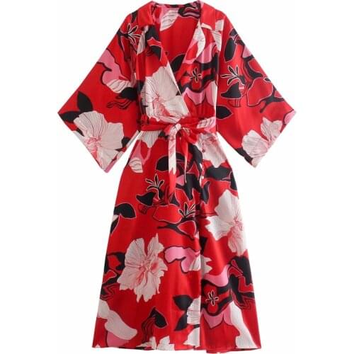 Women 2021 Fashion With Belt Floral Print Kimono Midi Dress Vintage Three Quarter Sleeve Female Dresses Vestidos Mujer robe