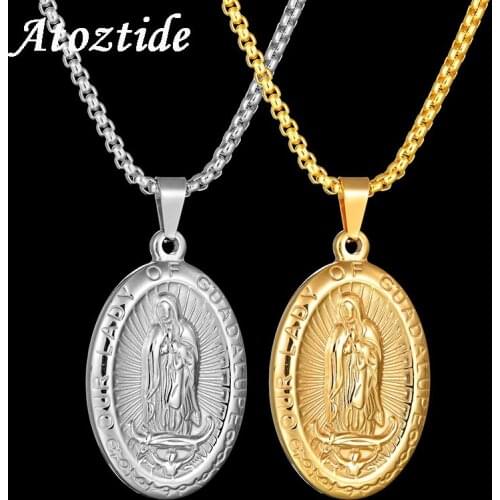 Atoztide Religious Virgin Mary Oval Coin Necklace For Women Catholic Saint Genevieve Prayer Necklace Pendant Amulet Jewelry