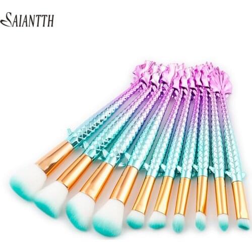 SAIANTTH 10pcs Lucky fish makeup brushes set pink blue scattered powder eye shadow brush kit cosmetic beauty tools maquiagem