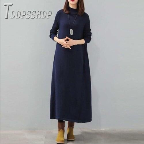 2019 Solid Color Long Sleeve Mid Calf Women Dress Autumn Winter Female Dresses