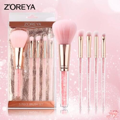 ZOREYA 5PCS Pink Crystal Makeup Brushes With Super Soft Synthetic Hair Foundation Blush Concealer Eye Brow Make Up Brush Set
