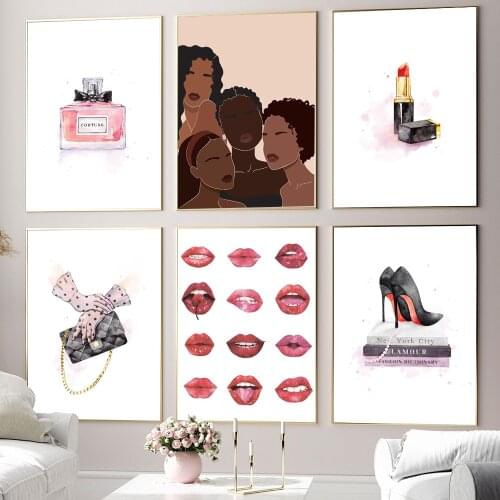 African American Women Prints Fashion Poster Girls Perfume High Heels Canvas Painting Plant Wall Art Pictures Living Room Decor