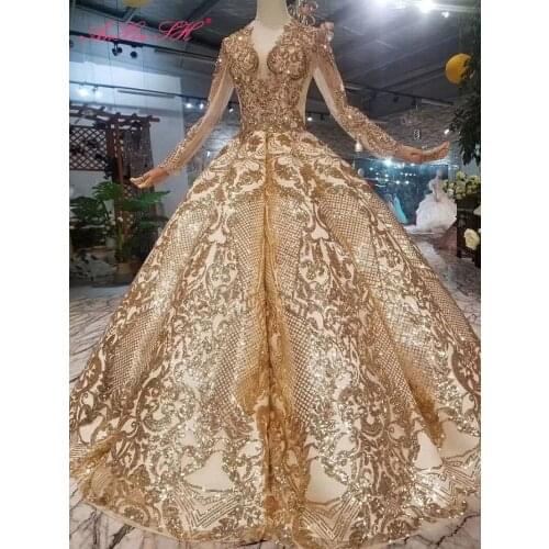AnXin SH Luxury princess golden champagne flower lace beading crystal dubai long sleeve ball gown wedding dress 100% real photo