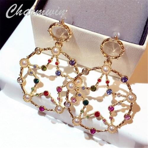 Charmwin Dangle Earrings Long Earrings Women Exaggerated Color Rhinestone Imitation Pearl Circle Star Earrings