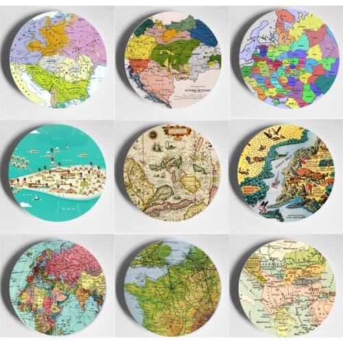 Map Drawing Art Plate Creative Handmade Wall Decorative Plate European Style Wall Display Decoration Crafts Home Living Room