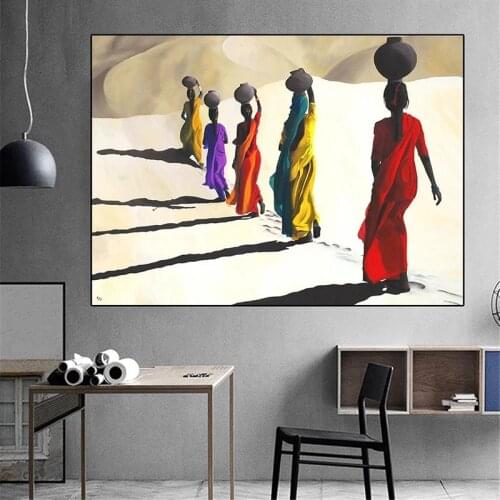 Hand Painted African Woman Walking in Desert Canvas Oil Painting Scandinavian Posters and Wall Art Picture for Living Room Decor