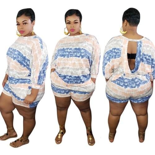 Newest Female Plus Size Biker Shorts Sets Sexy Hollow Out Back Loose T Shirt 3/4 Sleeves Shorts Casual Tracksuits 2PCS XL--5XL