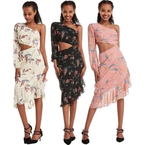 New Summer Women Floral Print Bodycon Dress One Shoulder Ruffled Party Dresses Boho Irregular Beach Holiday Sundress Vestidos