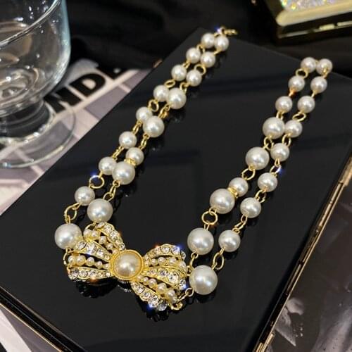 Luxury Pearl Chain Bowknot Pendants Necklaces for Women Brand Catwalk Zirconia Camellia Choker Necklace Original Quality Z174
