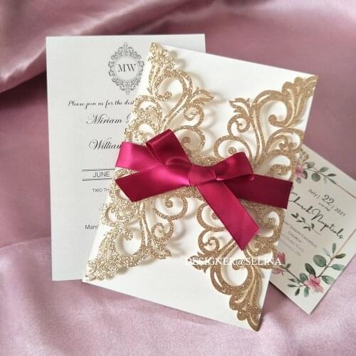 Rose Glitter Laser Cut Wedding Invitation with Ribbon and Custom Print DIY Silver Champagne Flower Brial Shower Postcard