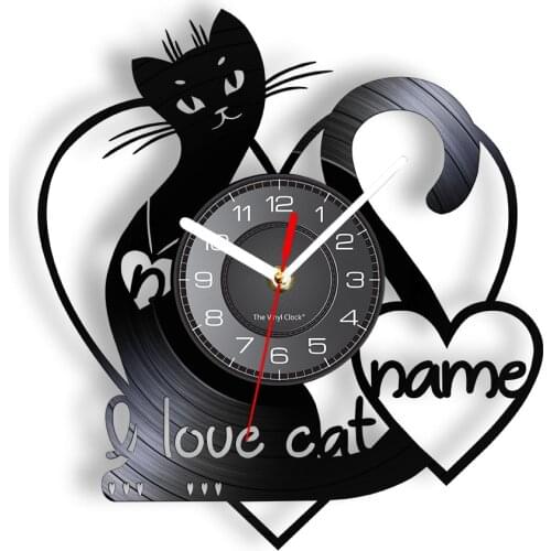 I Love Cat Custom Name Vinyl Record Wall Clock Pet Lovely Kitty Home Decor Meow Kitten Album Personalized Laser Cut Out Watch