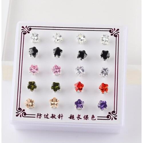 10pairs/set Candy Cubic Zirconia Flower CZ Stud Earrings Set For Women Silver Color Crystal Rhinestone Earrings Brinco Jewelry