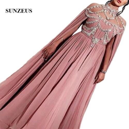 Beaded Neck A-Line Chiffon Evening Dresses Long Pleats Middle East Women Formal Party Gowns with Wraps Sleeve sukienki wizytowe