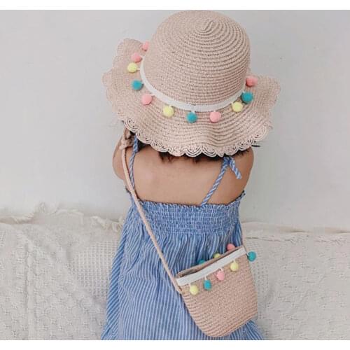Girl Hat New Fashion Summer Cap Breathable Straw Hats Colorful Ball Sweet Princess Hat Seaside With Bag Kids Hat