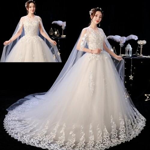 Wedding Dress 2021 New Feerijt Luxury Lace Sweep Train Lace Up Ball Gown Princess Wedding Gown With Cape Shawl Plus Size