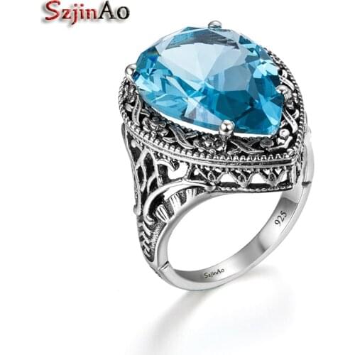 Szjinao American Fashion Retro 100% 925 Sterling Silver Hollow Out Water Body Blue Aquamarine Rings Wholesale New Brand