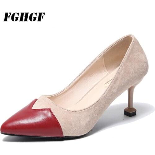 Kitten heel, high heel, pointed toe, mixed color, ladies single shoes, casual fashion, work shoes, wide-foot, suede