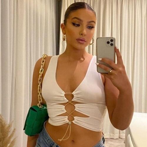 Halter Backless Sexy Crop Tank Top Women Bandage Cropped Top Ladies Hollow Drawstring Lace Up Solid Streetwear Summer Tops 2021