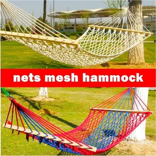 Adult Outdoor Cotton Rope Nets Mesh Single/double Hammock Vacation Sunny Camping Wood Pole Swing Hammock 150kg Bearing Cot Bed