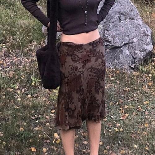 Women Spring Autumn Ruffle Midi SkirtsVintage Floral Print High Waist Knee Length Slim Fit Lace Flower A-line Skirts