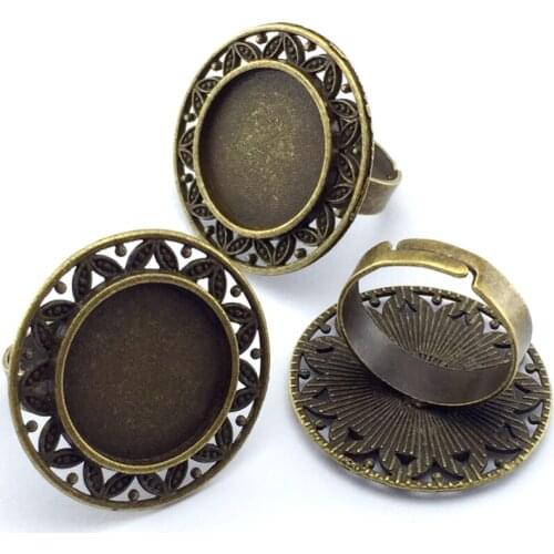 ZEROUP 18mm 5pcs Ring Setting Antique Bronze Copper Plated Adjustable Round Glass Cabochon Blank Base Supplies For Jewelry F10