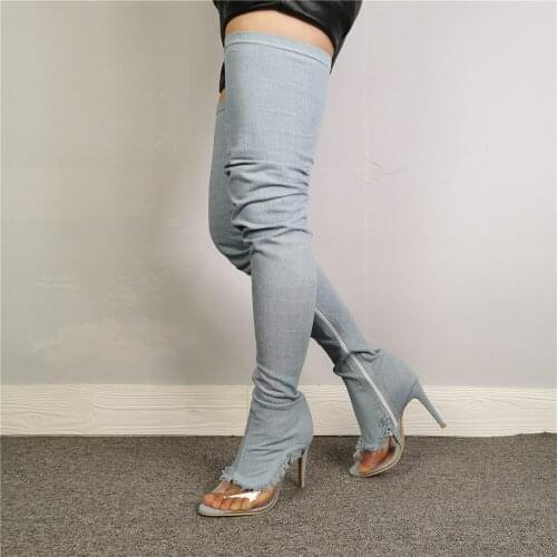 High Quality Women Fashion Peep Toe Blue Denim Over Knee Boots Patchwork Pvc Long High Heel Jean Cowgirl Motorcycle Boots