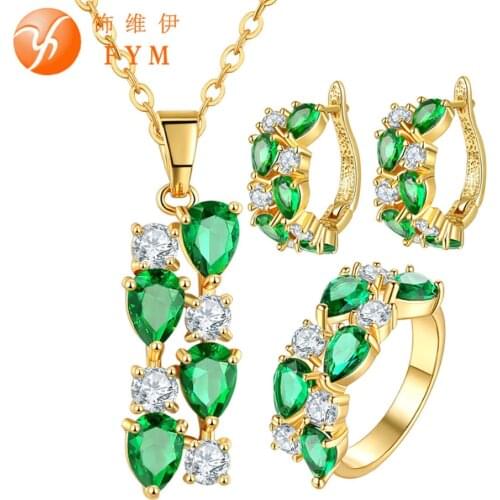 FYM Women Wedding Bridal Mona Lisa Jewelry Sets Yellow Gold Color Cubic Zirconia Pendant Necklace Hoop Earring Rings Sets