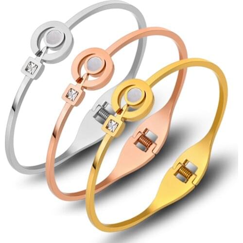 Summer New Zirconia Crystal Bangle Big Circle Shell Woman Bracelet&Bangle Stainless Steel Spring Open Pulseiras Fashion Jewelry