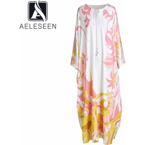 AELESEEN Bohemian Women Maxi Long Dress Spring Autumn Batwing Sleeve Bow Geometric Print Contrast Color Party Loose Dress