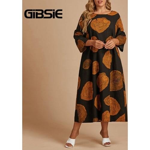 GIBSIE O-Neck Loose Print Long Dress Women Plus Size Vintage 3/4 Sleeve Summer Dress Yellow Red Casual Cotton Ladies Vestidos