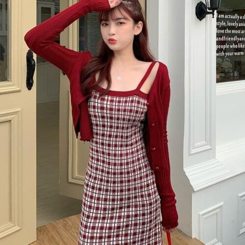 Women Sling Knitted Dresses Fashion Plaid Sexy Slim Vestidos Backless Sleeveless Female Dress