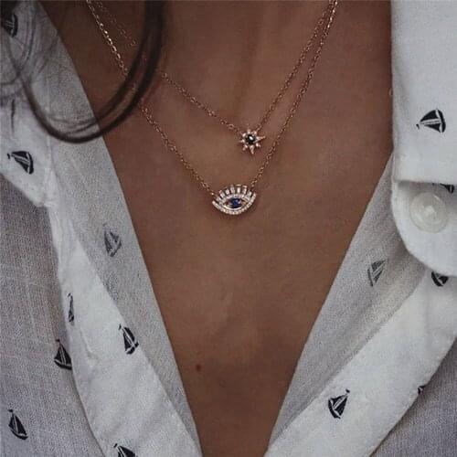 2020 Boho Fashion Crystal Eye Sun Color Stone Pendant Necklaces For Women Vintage Gold Necklace Multilayer Female Jewelry Gift
