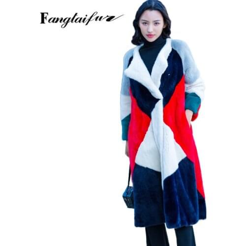 Fang Tai Fur2019 Import Velvet Mink Fur Coat Full Sleeve Patchwork Turn-Down Collar Mink Coat Womens X-Long Real Mink Fur Coats