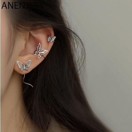 ANENJERY 925 Sterling Silver Butterfly Ear Clip On Earrings for Women Retro Thai Silver Earring Jewelry Gifts S-E1346