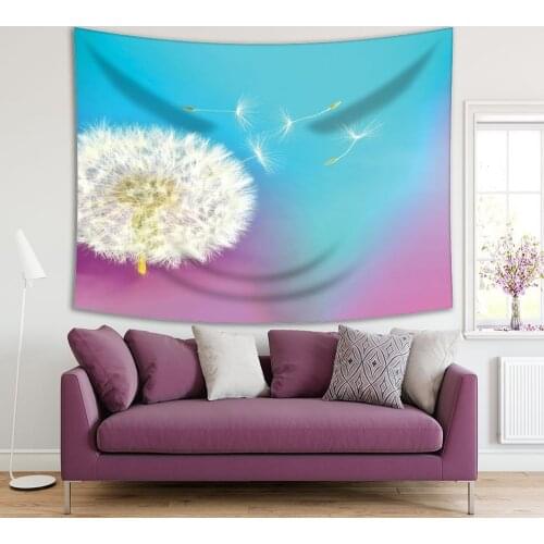 Tapestry Dandelion Seeds Flower Fly in Wind Sunny Summer Day in Wild Nature Meadow Photo Printed White Blue Pink