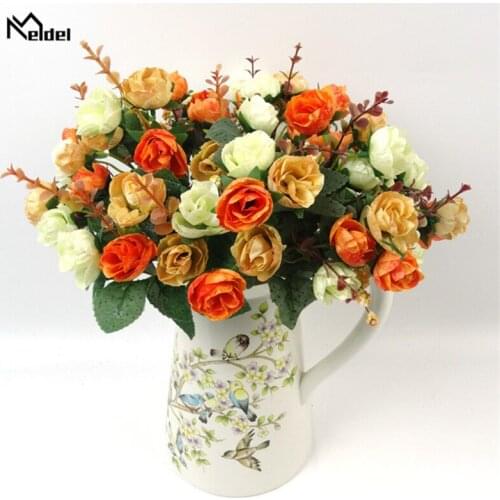 Meldel Fake Rose Flower 21 Heads Retro Rose Artificial Silk Flower DIY Bridal Bouquet Flowers Home Party Room Wedding Decoration