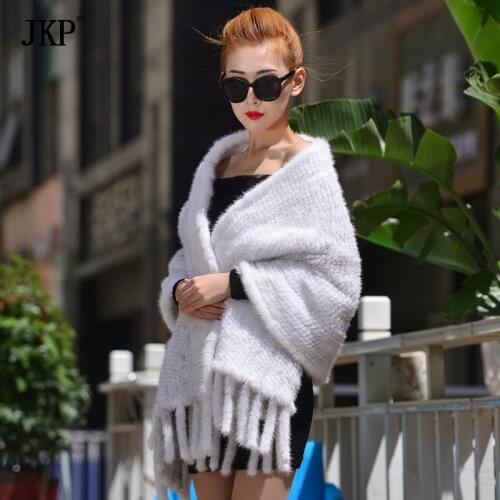 JKP 2020 Real Mink Knitted Womens Scarves Tassels Natural Mink Fur Scarves Winter Autumn Warm Shawl and Wraps High Quality
