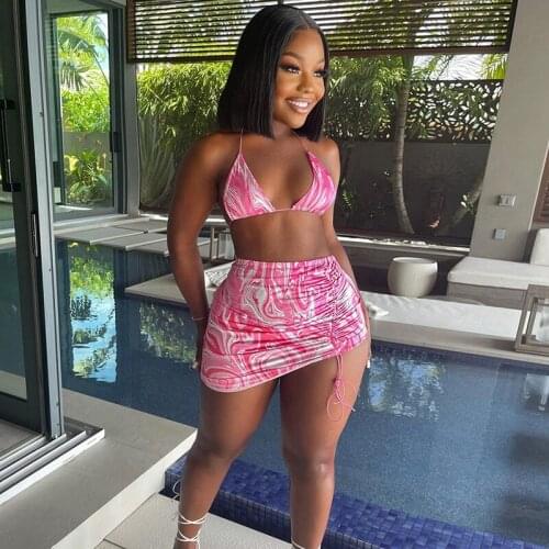 Adogirl Tie Dye Two Piece Sets Women Summer Bikini Top +Drawstring Mini Skirt Beachwear Matching Set Clubwear Female Outfits