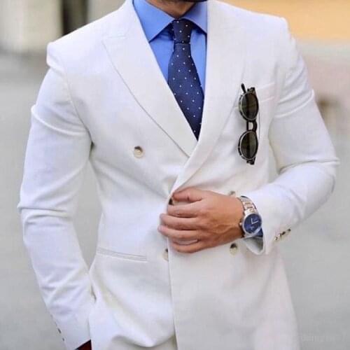Summer White Men Suits Pants Peaked Lapel Groom Wedding Tuxedo Man Blazers Double Breasted Costume Homme Terno Masculino 2 Piece