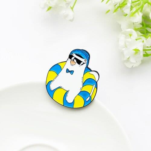 White animal cat lying in the swimming circle in summer Enamel Brooch A kitten in sunglasses Lapel Pin Cartoon Badge
