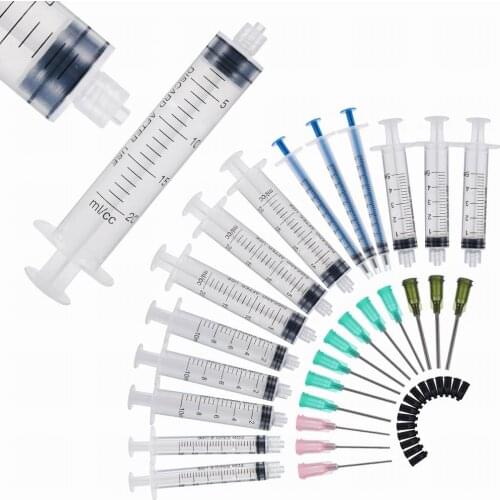 15pcs Syringes Set 14/16/20GA Blunt Tip Needle with Caps Luer Slip Syringe Glue Applicator Multi Refilling and Measuring Tool