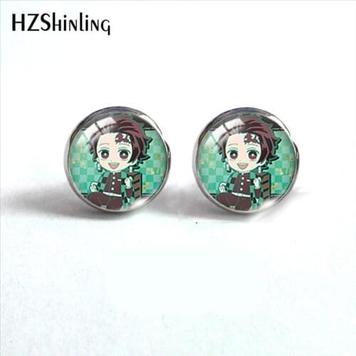 2021 New Demon Slayer Kimetsu no Yaiba Stud Earring Anime Round Earrings Handmade Glass Dome Photo Printed Jewelry Gifts