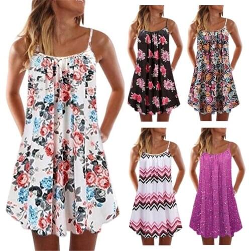 2021 New Women Sexy Mini Dress Floral Print Sleeveless Strap Dress Plus Size Sexy Boho Big Swing Beach Dress Club Dress Vestidos