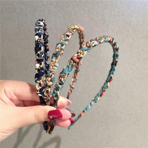 Retro Chain Rhinestone Hairbands for Women Bohemia Floral Print Headband Korean Lady Girls Hair Hoop Thin Hair Accessories