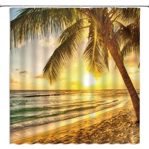 Ocean Beach Scenery Shower Curtains Coconut Tree Sea Wave Golden Sunset Landscape Bathroom Decor Polyester Cloth Hanging Curtain