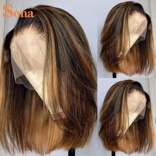 #1B/27 Highlight Lace Frontal Wig Colored Human Hair Wigs Pre plucked 13X6 Short Bob Lace Front Wig Brazilian Remy