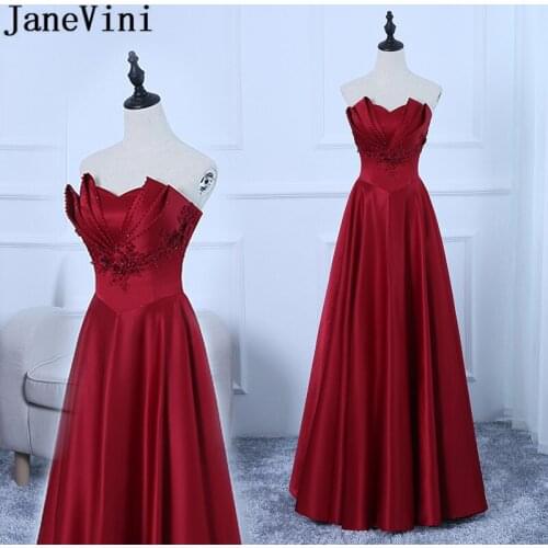 JaneVini Vestidos Burgundy Mother of Bride Dress 2018 A Line Strapless Lace Applique Beaded Satin Floor Length Abito Mamma Sposa