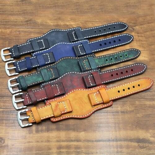 Cuff Genuine Leather Watchbands with Mat Wrist Protection 22mm 24mm Handmade Vintage Cowhide Watch Strap Bracelet